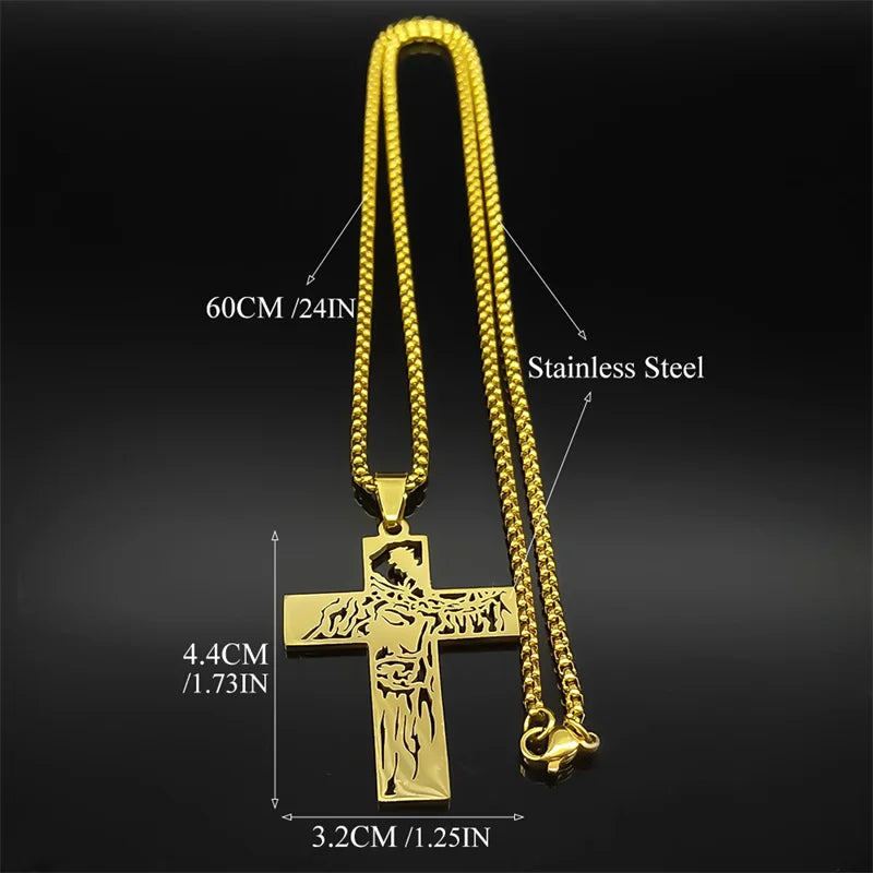 Hip Hop Crown Of Thorns Jesus Cross Necklace for Men Women Stainless Steel Gold/Silver Color Christian Male Chain Jewelry