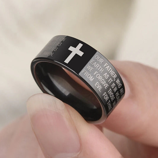 Stainless Steel Black Color Jesus Cross Ring Letter Bible Prayer Finger Rings For Men Bible Cross Rings For Women Jesus Jewelry