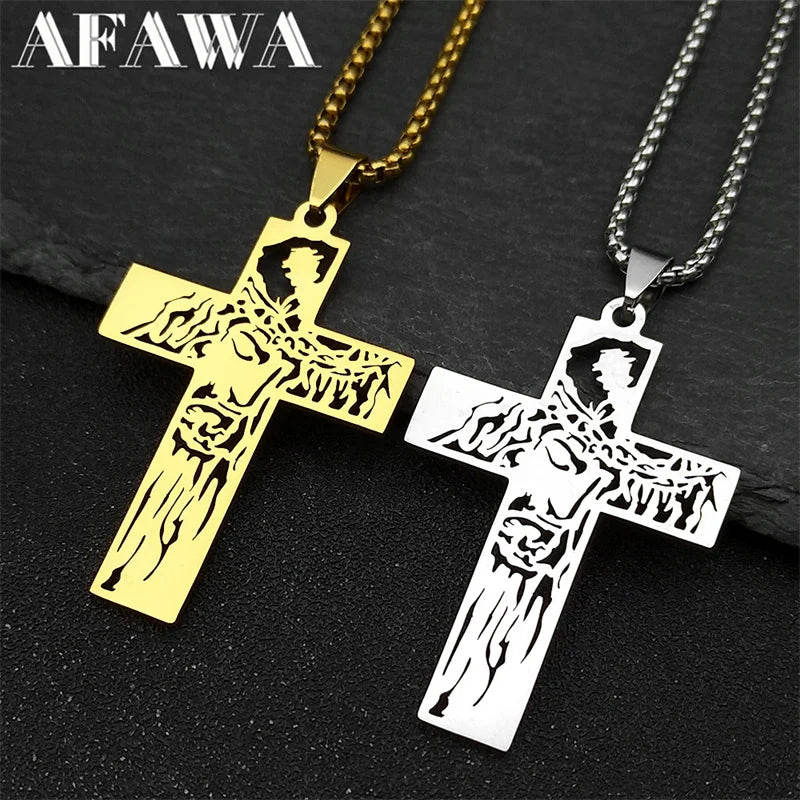 Hip Hop Crown Of Thorns Jesus Cross Necklace for Men Women Stainless Steel Gold/Silver Color Christian Male Chain Jewelry