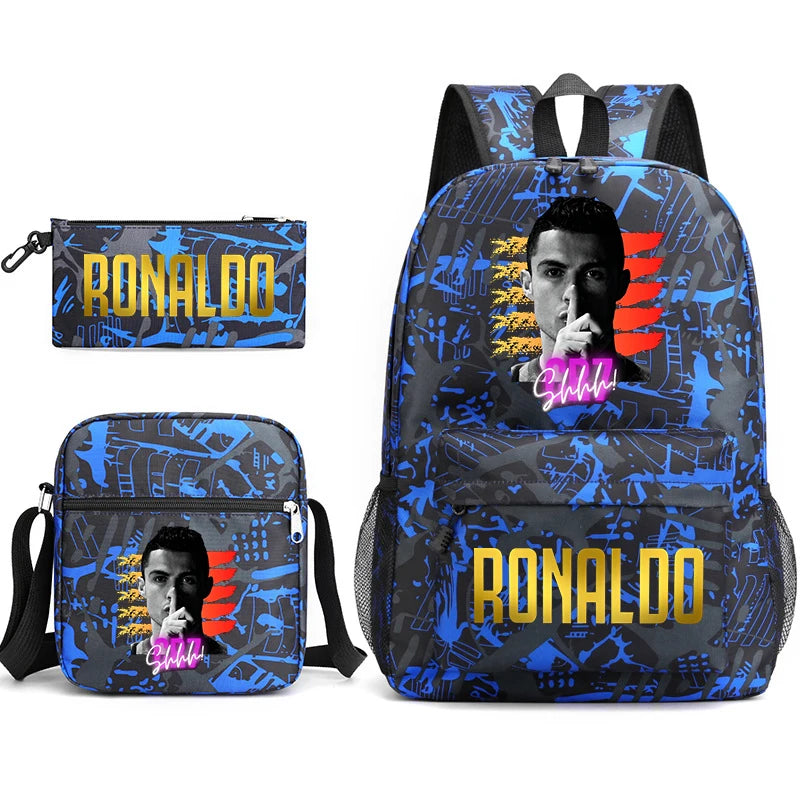 Ronaldo printed children's backpack set student school bag shoulder bag pencil case 3-piece set universal for boys and girls