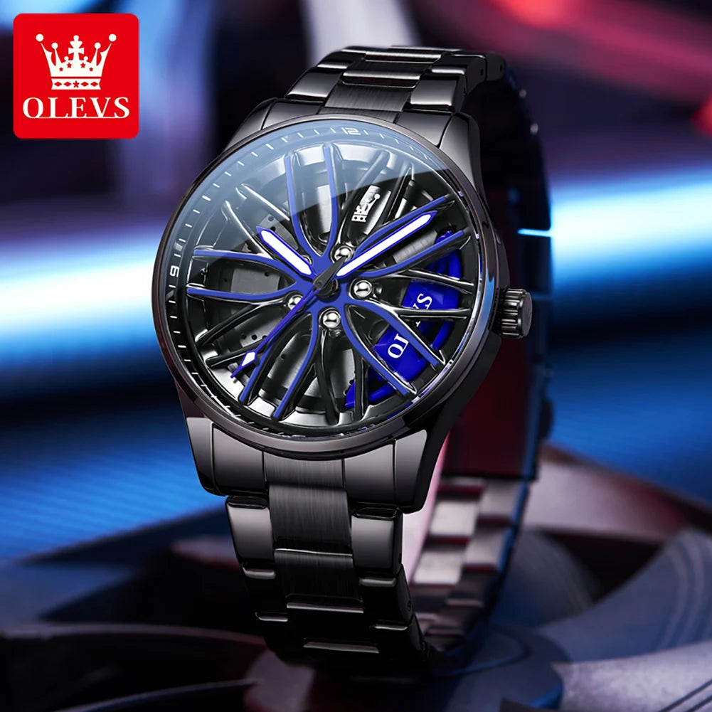 Olevs Rotary Car Wheel  Dial Quartz Watch For Men 3d Hollow Luminous Black Stainless Steel Top Brand Fashion Sports Wristwatches