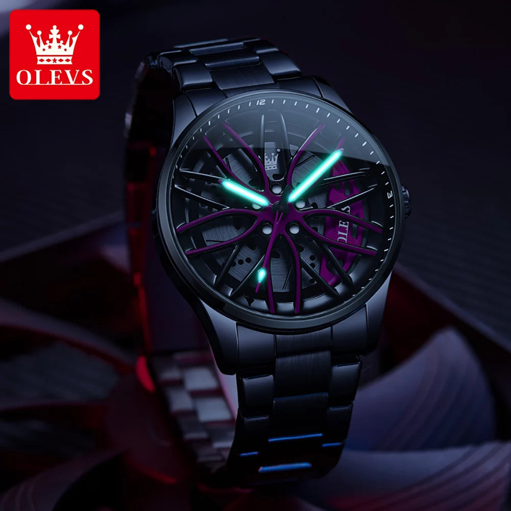 Olevs Rotary Car Wheel  Dial Quartz Watch For Men 3d Hollow Luminous Black Stainless Steel Top Brand Fashion Sports Wristwatches