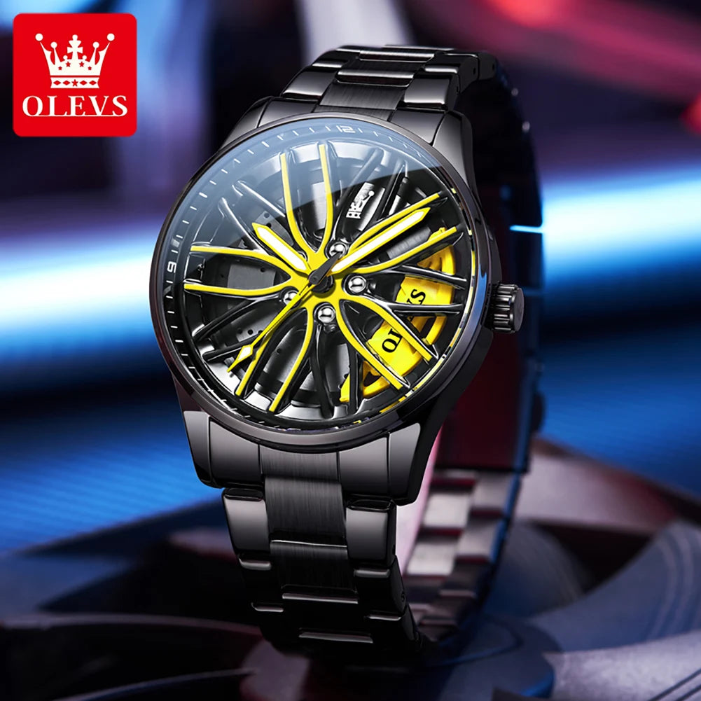 Olevs Rotary Car Wheel  Dial Quartz Watch For Men 3d Hollow Luminous Black Stainless Steel Top Brand Fashion Sports Wristwatches