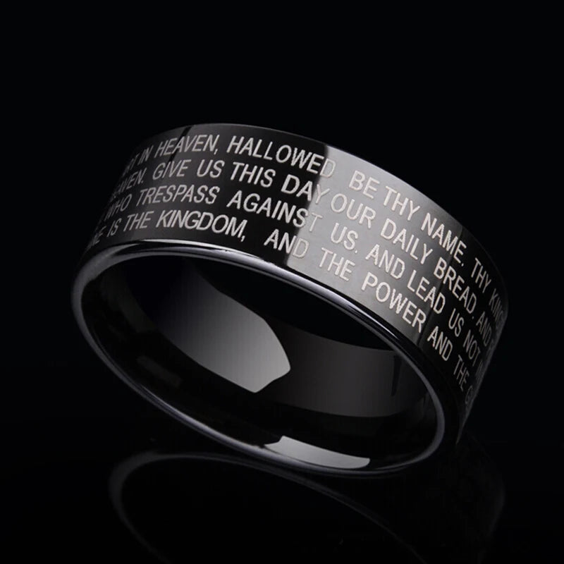 Stainless Steel Black Color Jesus Cross Ring Letter Bible Prayer Finger Rings For Men Bible Cross Rings For Women Jesus Jewelry