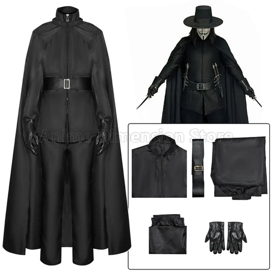 V Cosplay Costumes Movie Vendetta Swordsman Black Uniform Cloak Halloween Carnival Party Dressing For Men