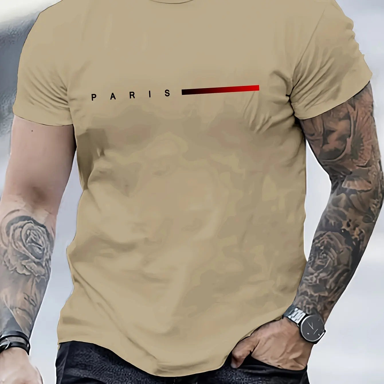 Men's 100% Polyester summer loose PARIS Creative Letter print casual slim fit round neck short sleeved T-shirt top