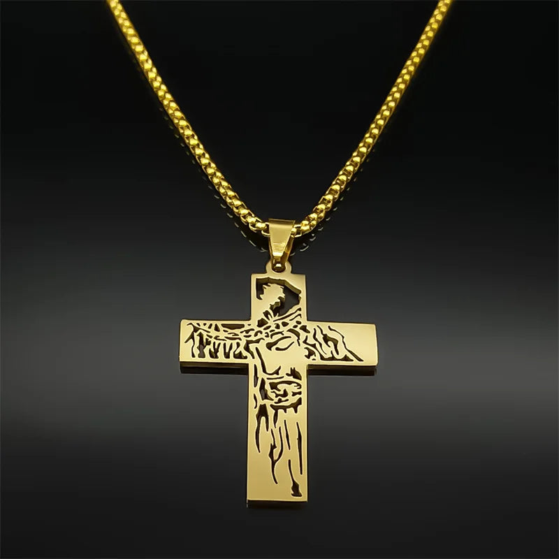 Hip Hop Crown Of Thorns Jesus Cross Necklace for Men Women Stainless Steel Gold/Silver Color Christian Male Chain Jewelry