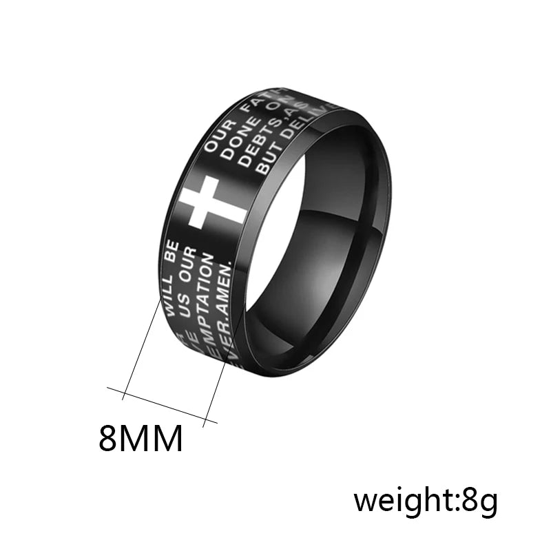 Stainless Steel Black Color Jesus Cross Ring Letter Bible Prayer Finger Rings For Men Bible Cross Rings For Women Jesus Jewelry