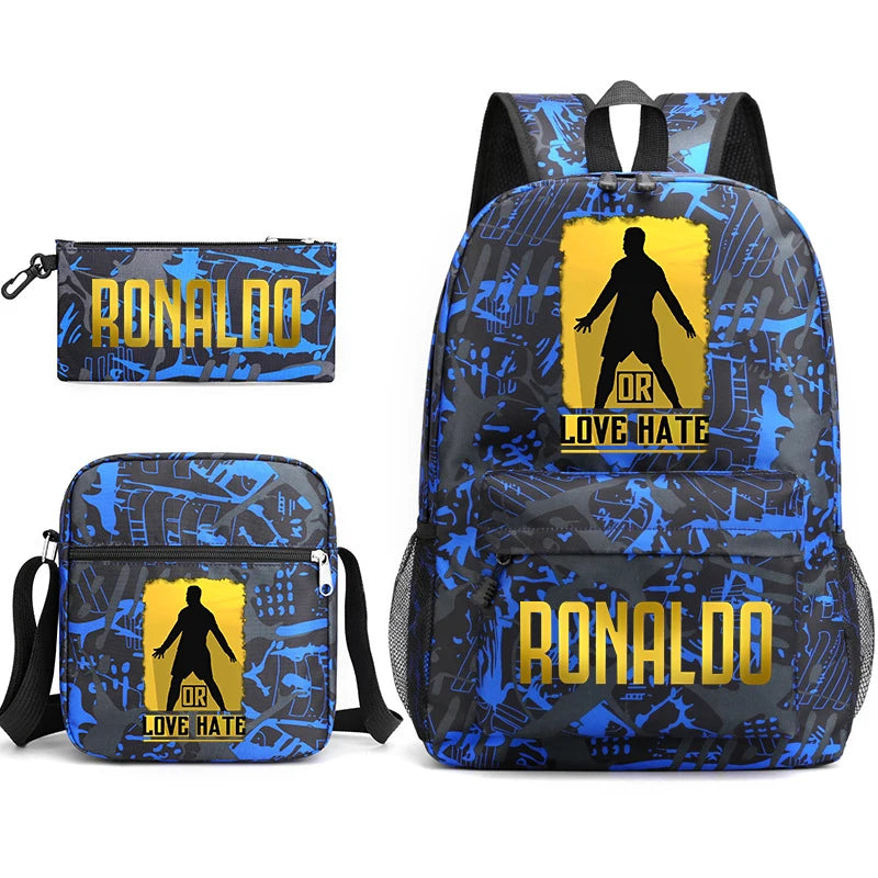 Ronaldo printed children's backpack set student school bag shoulder bag pencil case 3-piece set universal for boys and girls