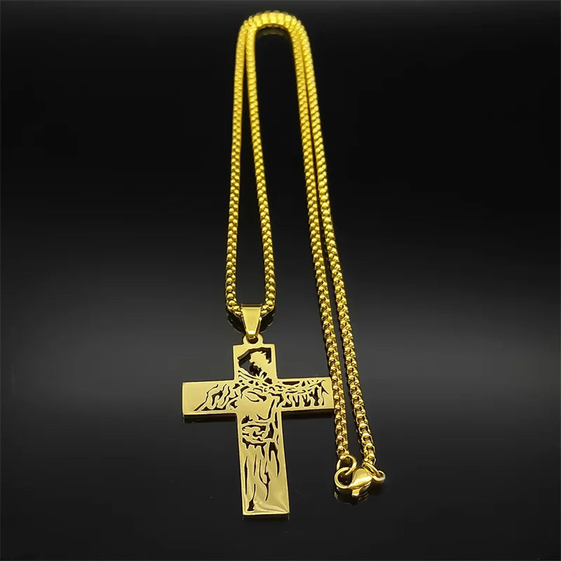 Hip Hop Crown Of Thorns Jesus Cross Necklace for Men Women Stainless Steel Gold/Silver Color Christian Male Chain Jewelry