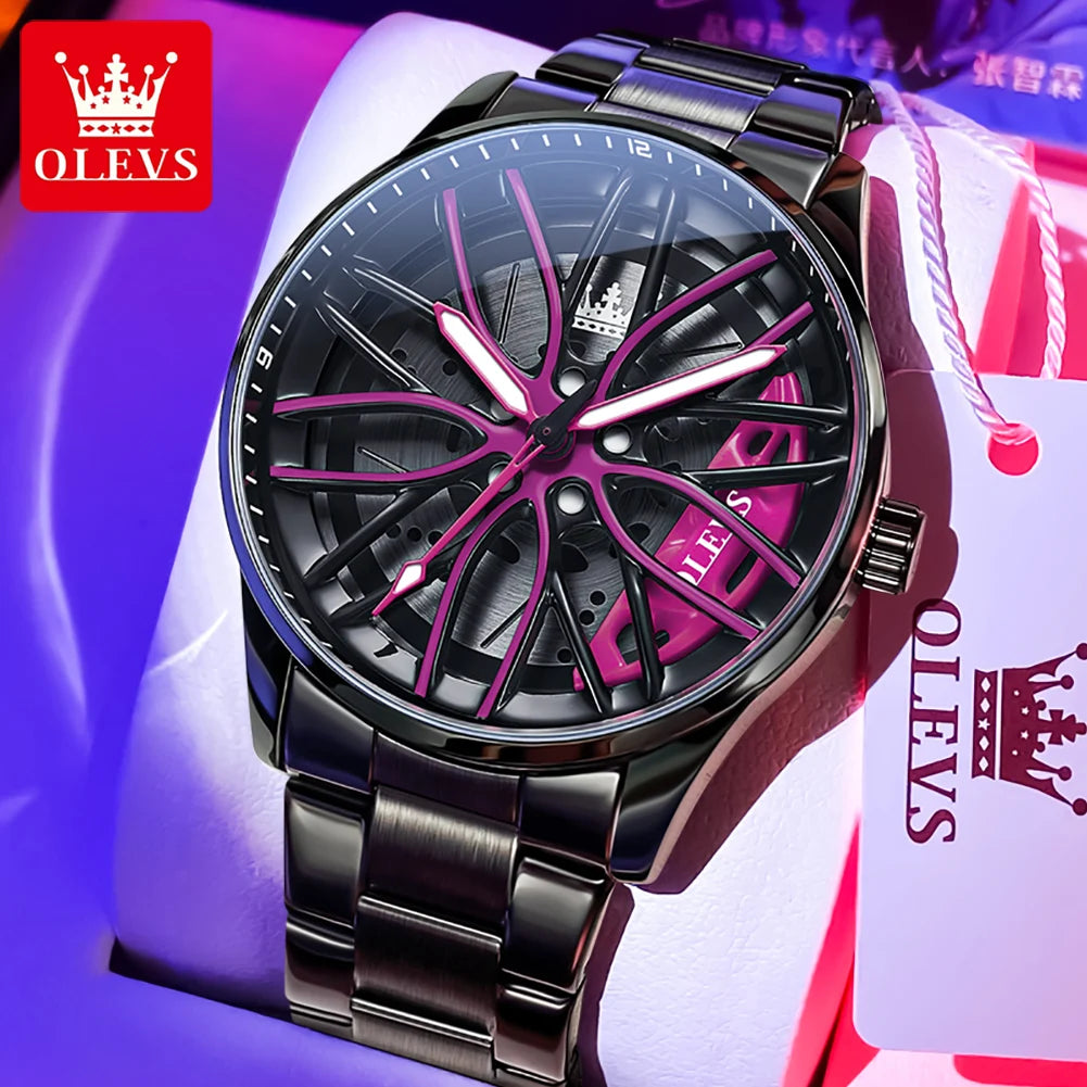 Olevs Rotary Car Wheel  Dial Quartz Watch For Men 3d Hollow Luminous Black Stainless Steel Top Brand Fashion Sports Wristwatches