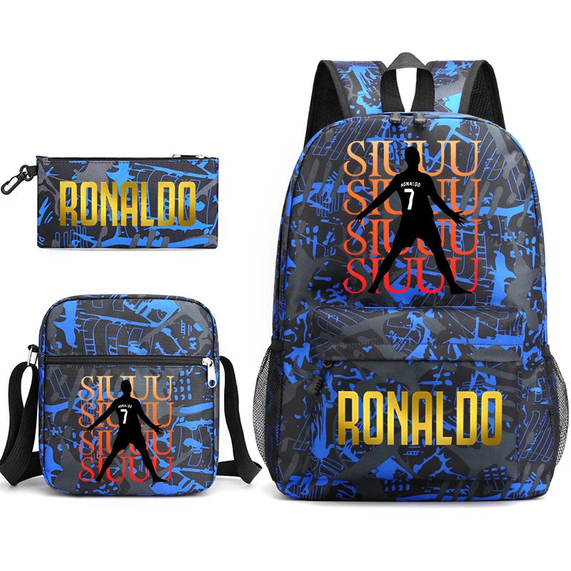 Ronaldo printed children's backpack set student school bag shoulder bag pencil case 3-piece set universal for boys and girls