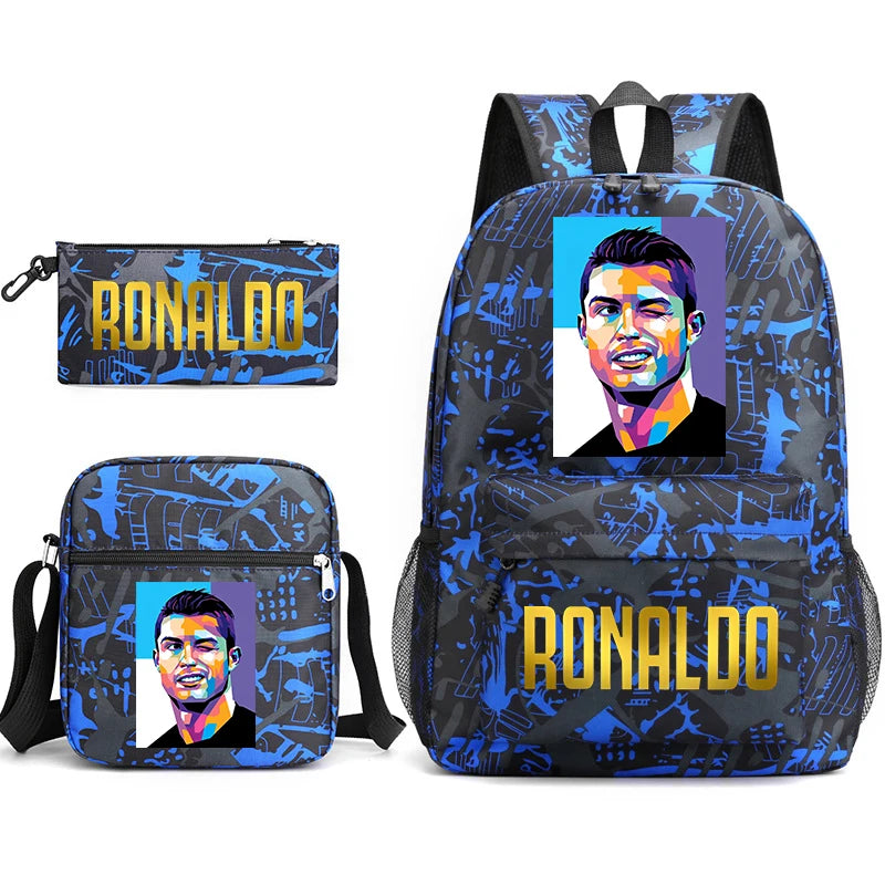 Ronaldo printed children's backpack set student school bag shoulder bag pencil case 3-piece set universal for boys and girls