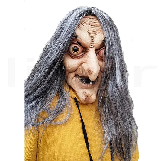 Scary Old Witch Mask Latex With Hair Halloween Fancy Dress Grimace Party Costume Cosplay Masks Props Adult One Size MN8