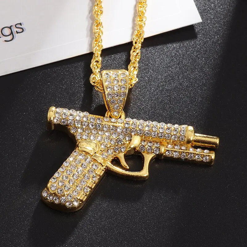 Bling Iced Out Pistol Pendant Submachine Gun Necklace Men Personality Hip Hop Rock Punk Cool Street Party Jewelry Gift