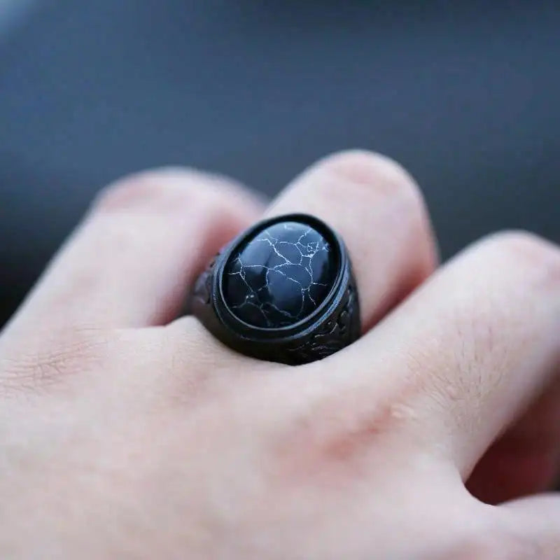 Vintage Black Stainless Steel Rings for Men Anniversary Party Gift Fashion Imitation Stone Resin Men Rings Jewelry Accessories