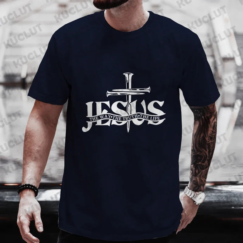 Jesus Pattern Men's T-shirt Fashion Graphic Tops Short Sleeve Tees Summer Casual Outdoor Streetwear Male Plus Size Y2k Clothes