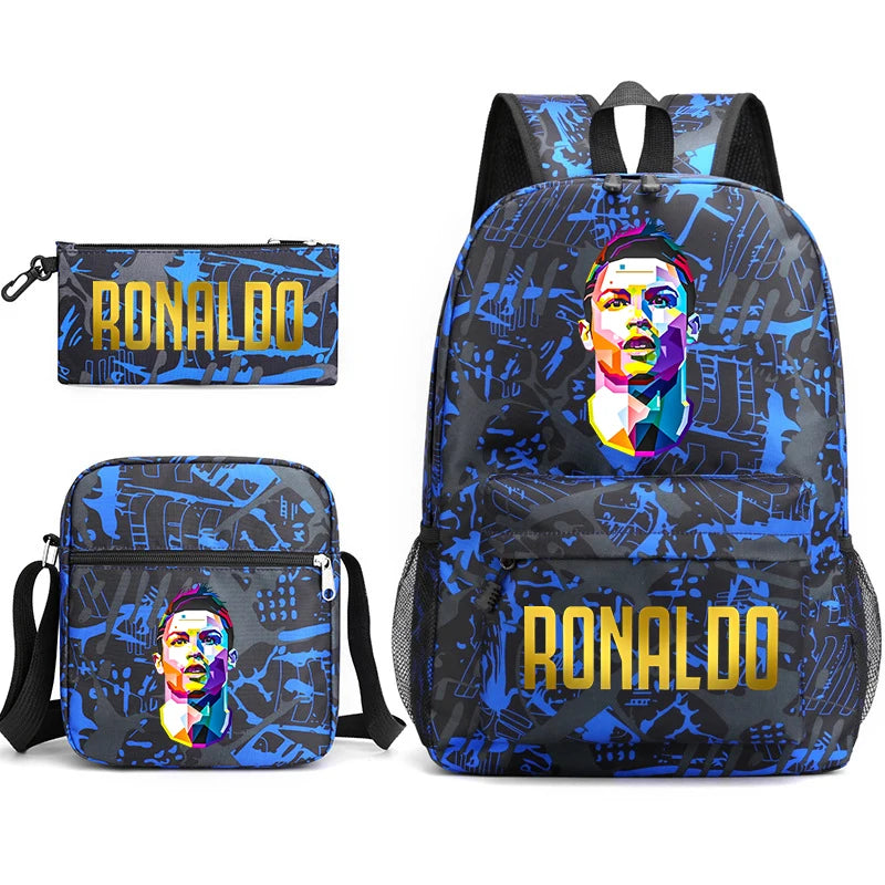 Ronaldo printed children's backpack set student school bag shoulder bag pencil case 3-piece set universal for boys and girls