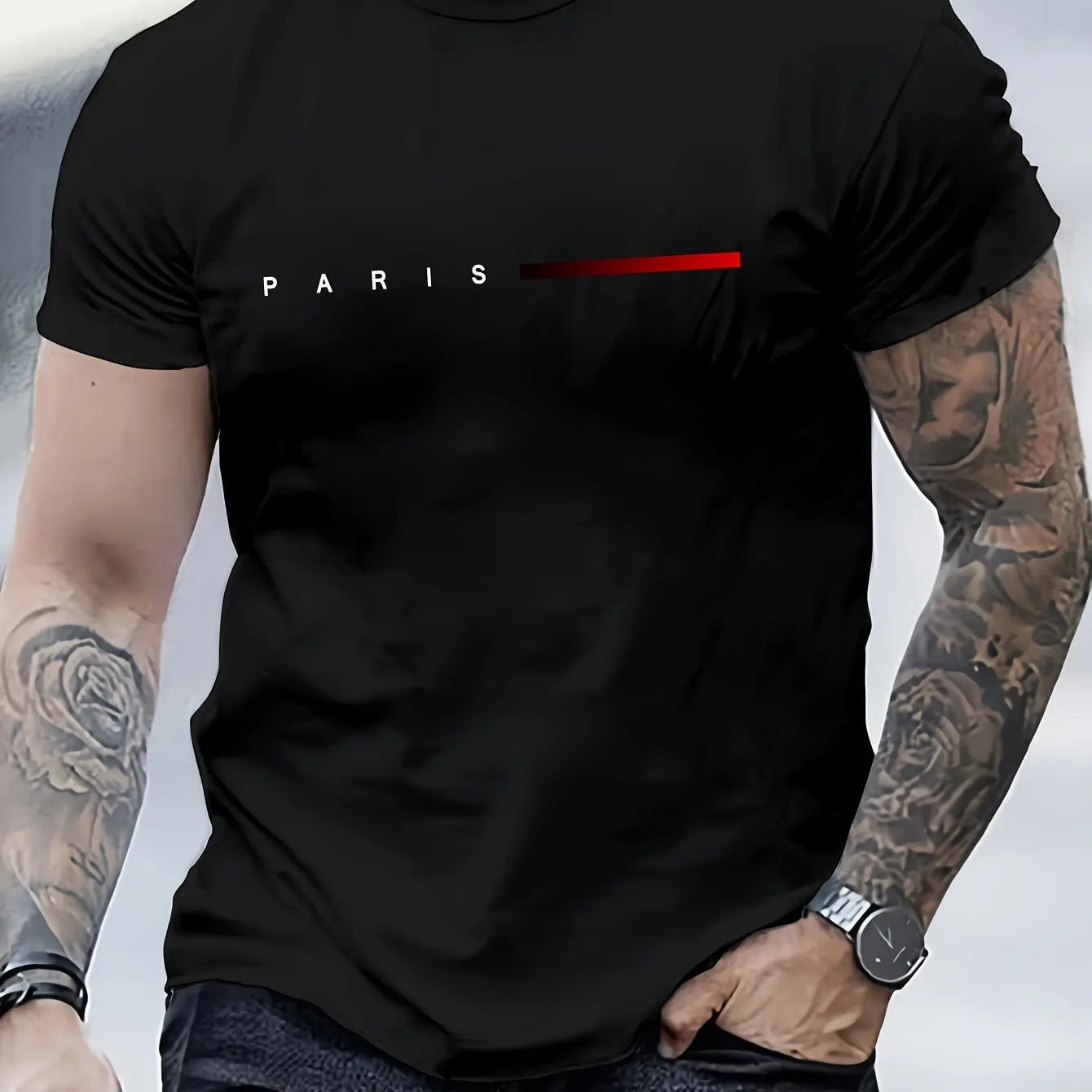 Men's 100% Polyester summer loose PARIS Creative Letter print casual slim fit round neck short sleeved T-shirt top