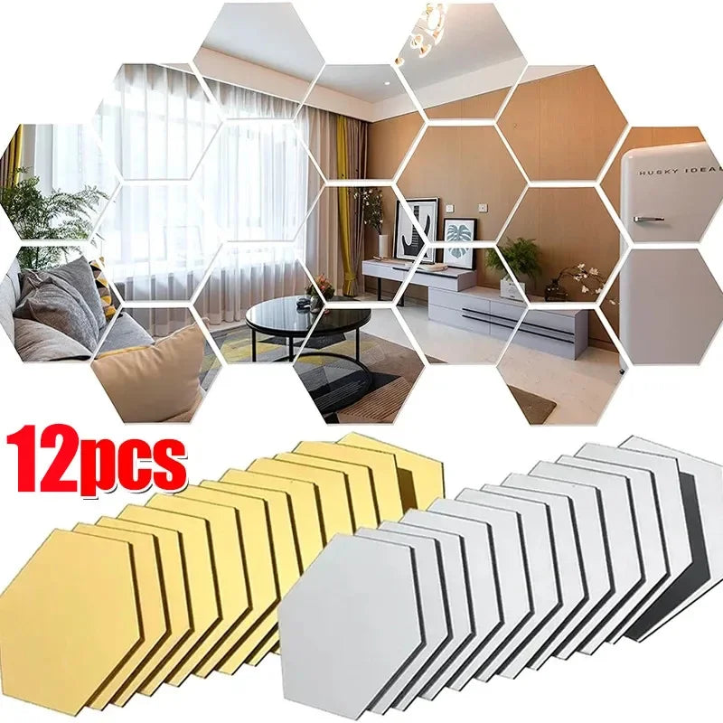 6/12Pcs Hexagon Acrylic Mirror Wall Stickers Home Decor DIY Removable Mirror Sticker Living-Room Decal Art Ornaments For Home