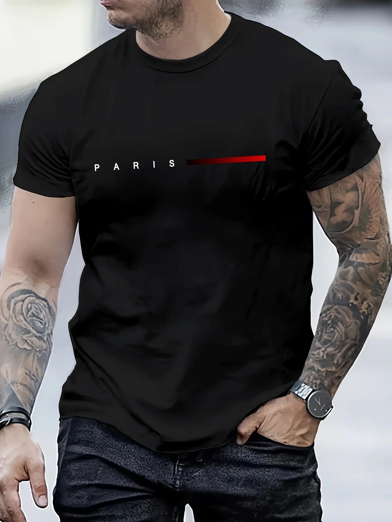 Men's 100% Polyester summer loose PARIS Creative Letter print casual slim fit round neck short sleeved T-shirt top