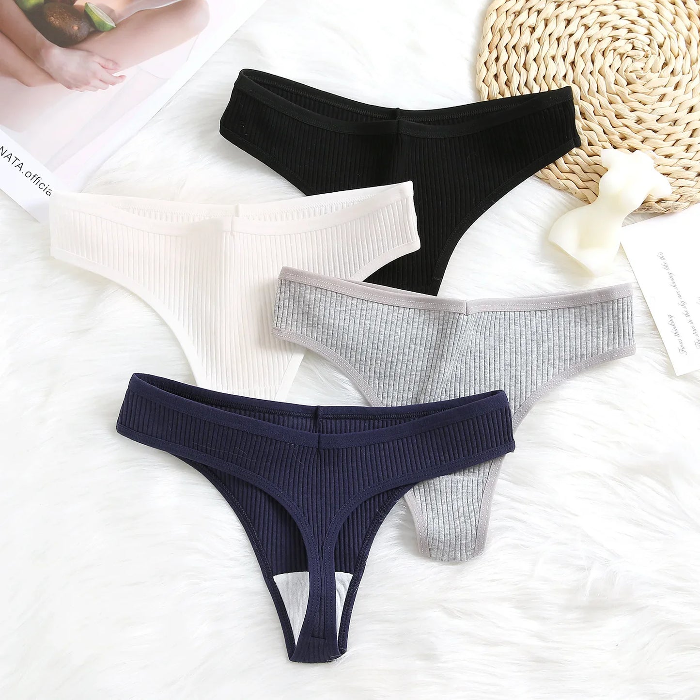 Women's Panties Seamless Ribbed Thongs Low Waist Underpants Comfortable Cotton G-strings Solid Color Underwear Female Lingerie