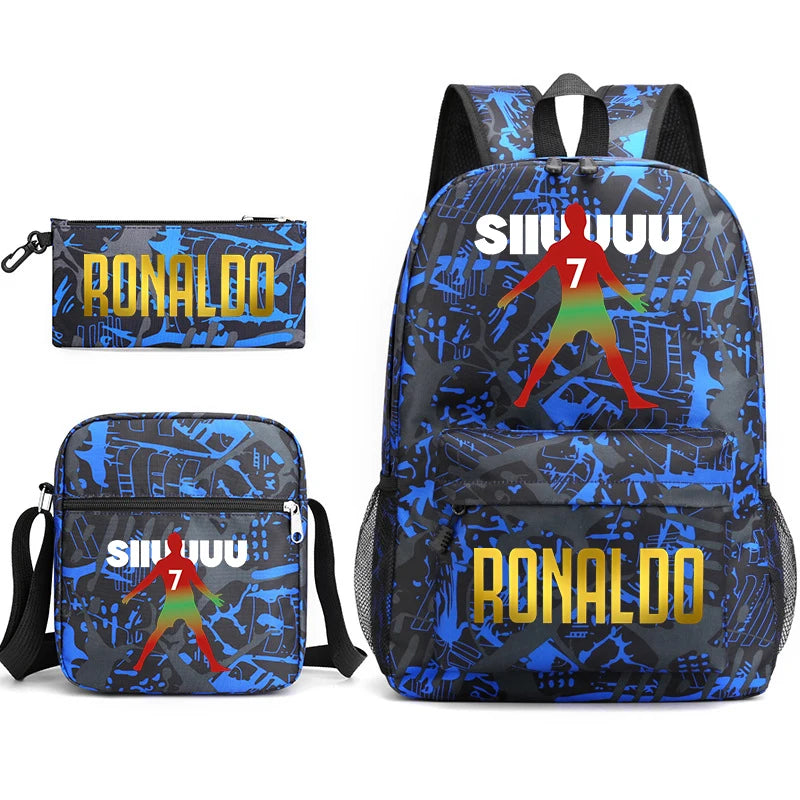 Ronaldo printed children's backpack set student school bag shoulder bag pencil case 3-piece set universal for boys and girls