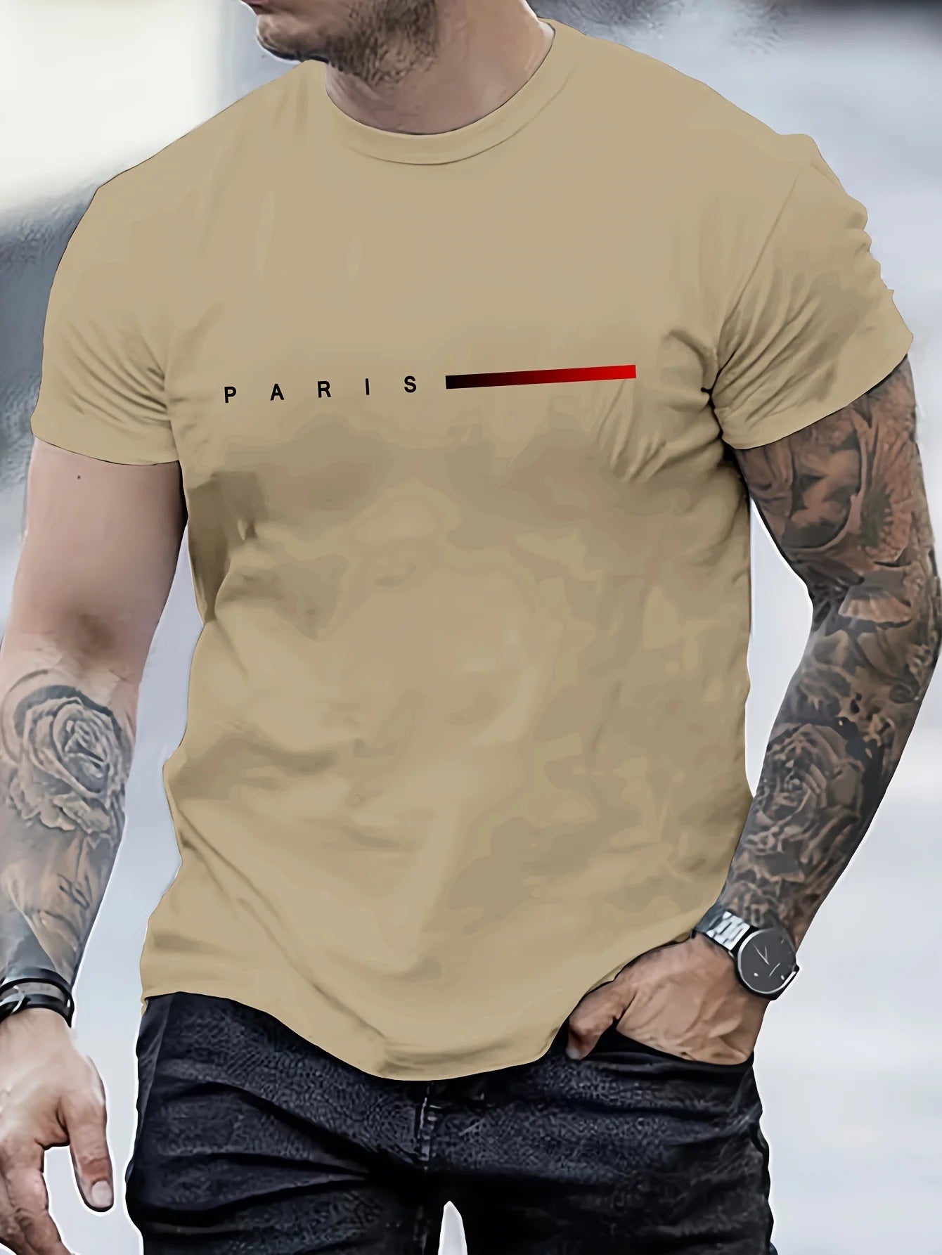 Men's 100% Polyester summer loose PARIS Creative Letter print casual slim fit round neck short sleeved T-shirt top