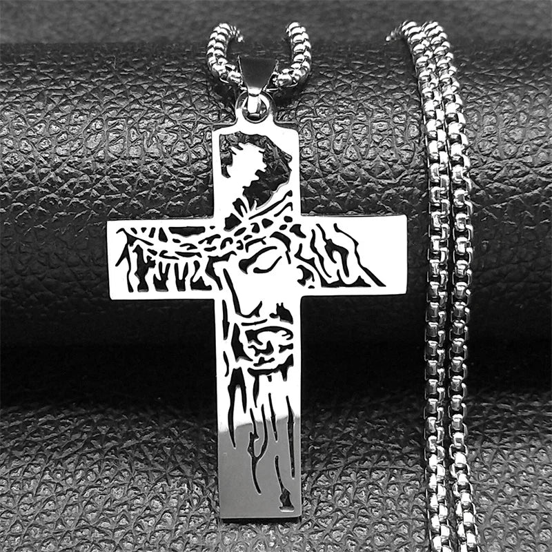 Hip Hop Crown Of Thorns Jesus Cross Necklace for Men Women Stainless Steel Gold/Silver Color Christian Male Chain Jewelry