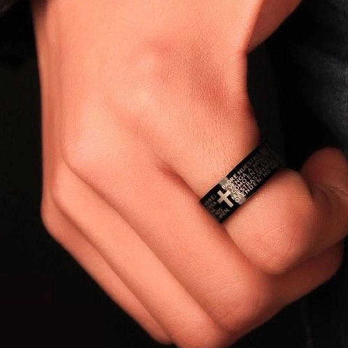 Stainless Steel Black Color Jesus Cross Ring Letter Bible Prayer Finger Rings For Men Bible Cross Rings For Women Jesus Jewelry