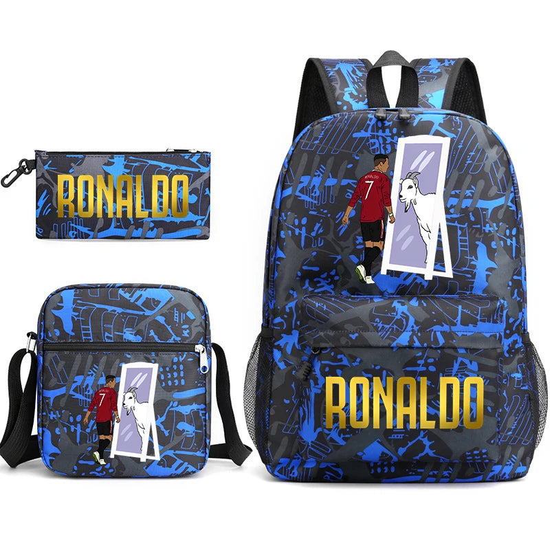 Ronaldo printed children's backpack set student school bag shoulder bag pencil case 3-piece set universal for boys and girls