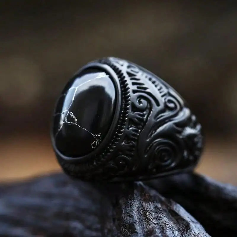 Vintage Black Stainless Steel Rings for Men Anniversary Party Gift Fashion Imitation Stone Resin Men Rings Jewelry Accessories