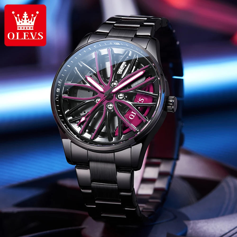 Olevs Rotary Car Wheel  Dial Quartz Watch For Men 3d Hollow Luminous Black Stainless Steel Top Brand Fashion Sports Wristwatches