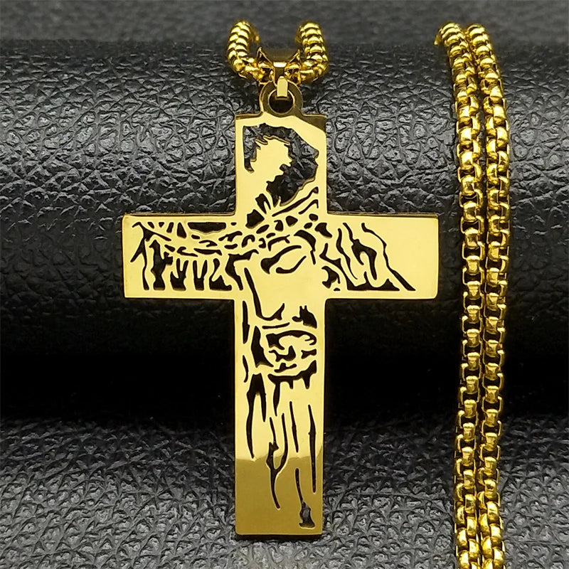 Hip Hop Crown Of Thorns Jesus Cross Necklace for Men Women Stainless Steel Gold/Silver Color Christian Male Chain Jewelry