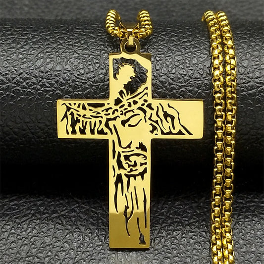 Hip Hop Crown Of Thorns Jesus Cross Necklace for Men Women Stainless Steel Gold/Silver Color Christian Male Chain Jewelry